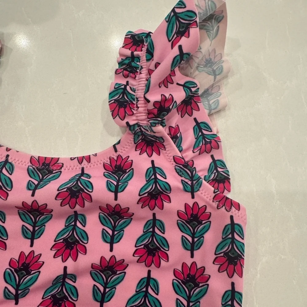 Crewcuts Pink Floral Print Two-Piece Swimsuit with Teal Accents
